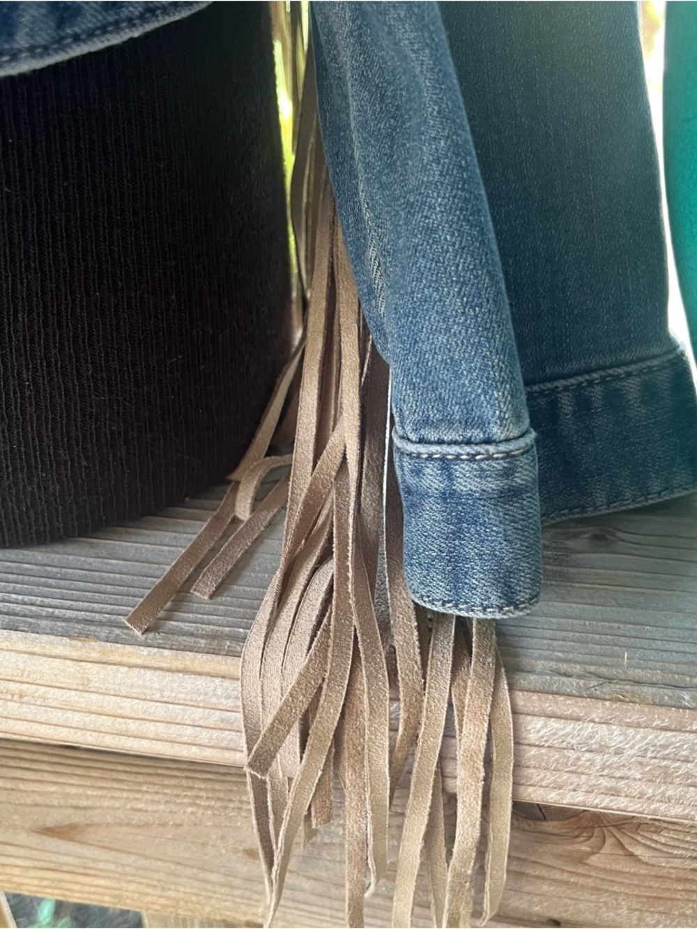 Chico’s Denim Blue Jean Western/Festival Faux Suede Long Fringed Jacket NWT S - Picture 7 of 12